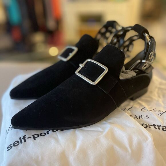 Robert Clergerie Shoes - Robert Clergerie x Self-Portrait Black Suede Buckle Slingback Flats (Size 36)